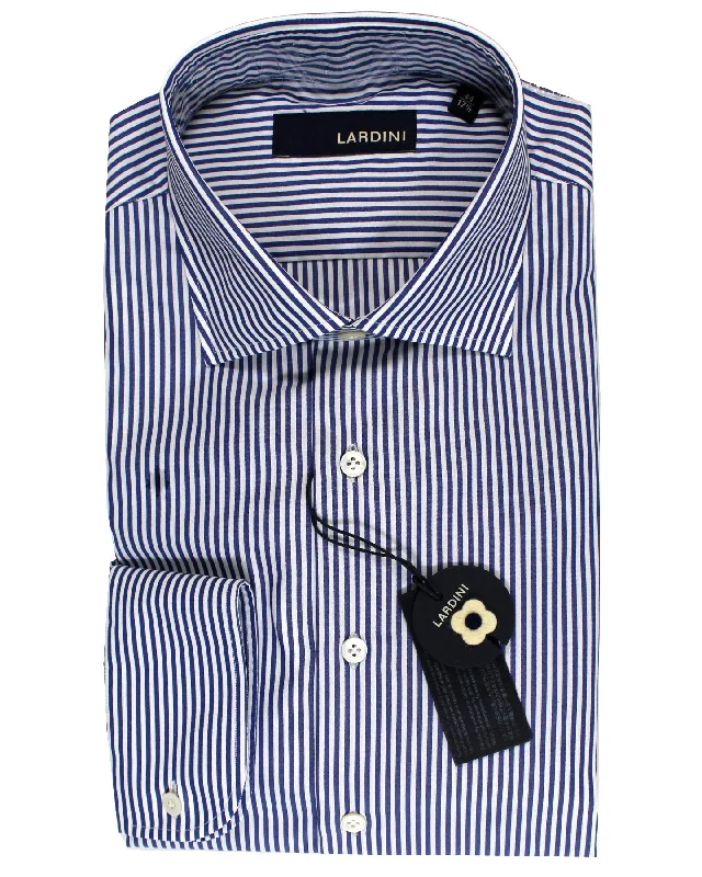 Clearance Sale Lardini Dress Shirt White Navy Stripes French Cuffs 44 - 17 1/2