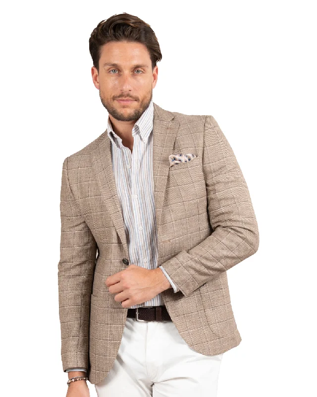 Steal Deal Beige Linen Blend Windowpane Check Jacket