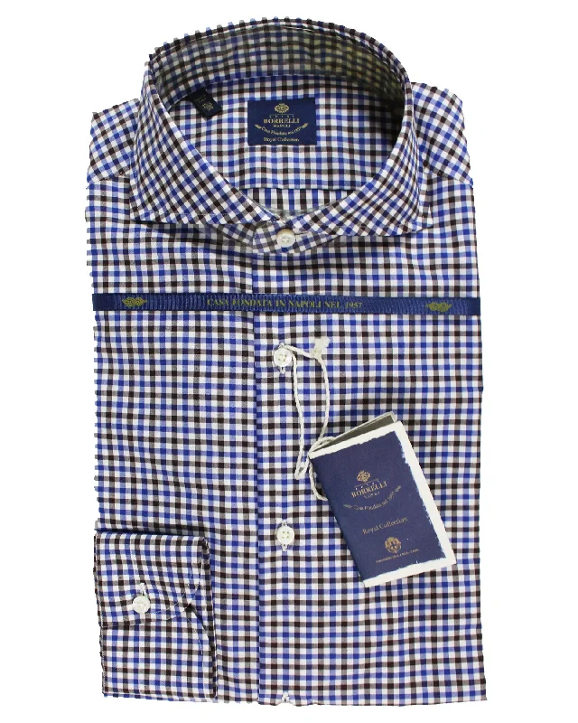 Flash Deal Luigi Borrelli Dress Shirt ROYAL COLLECTION White Royal Blue Brown Check 39 - 15 1/2