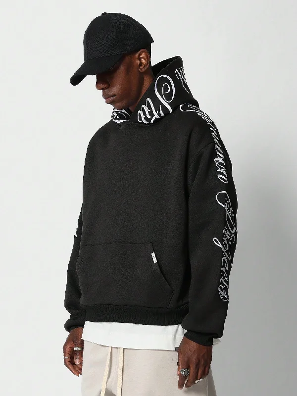 Instant Deal Regular Fit Overhead Hoodie With Script Embroidery On Sleeve & Hoody