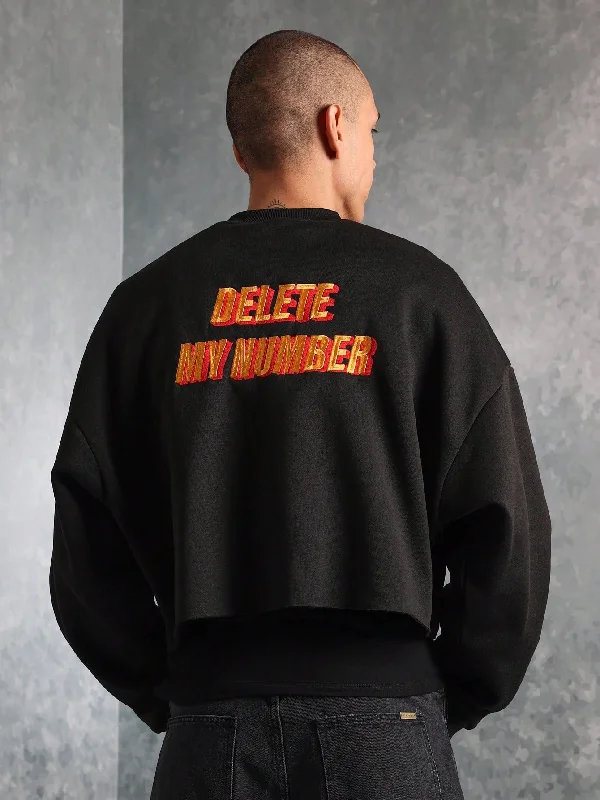 Price Slash Crop Fit Crew Neck Raw Hem Sweatshirt With Embroidery Pattern