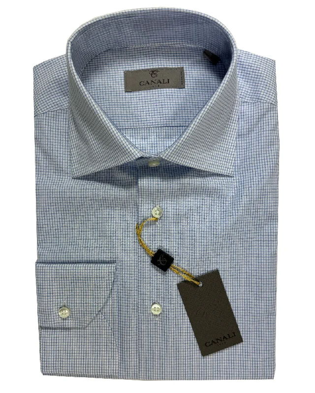 Weekend Bargains to Celebrate Canali Dress Shirt Graph Check White Blue - Modern Fit 39 - 15 1/2