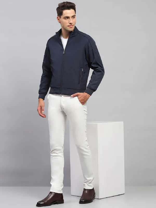 Exclusive Preview Men Navy Blue Solid Mock Neck Full Sleeve Jacket