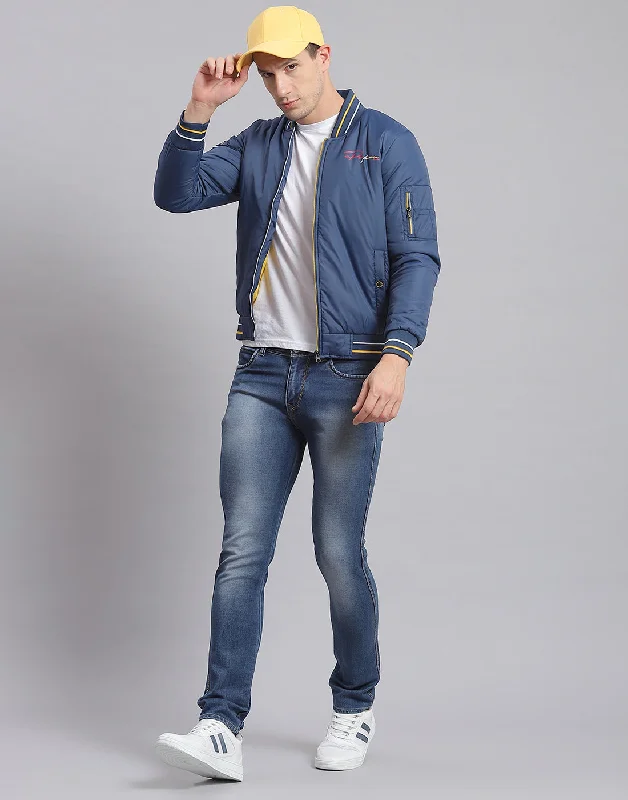 Deal Mania Men Blue Printed Stand Collar Full Sleeve Jacket