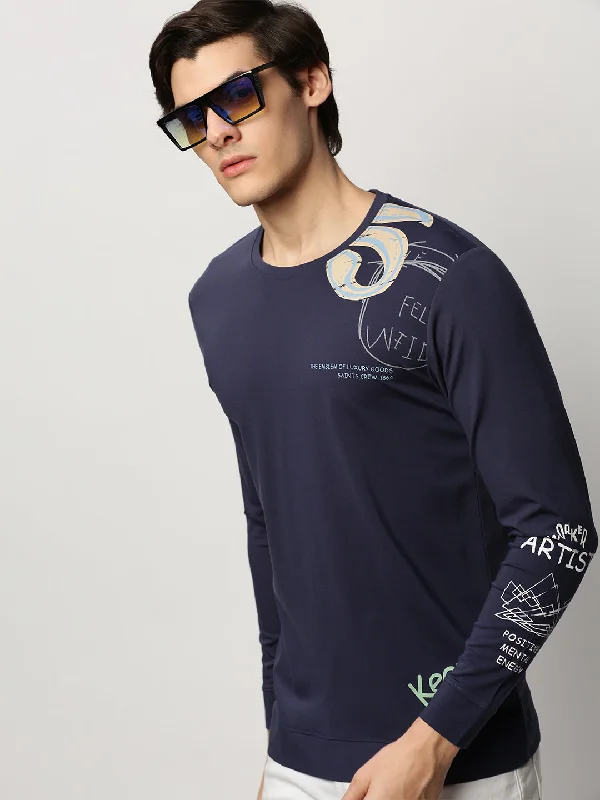 Discount Mania Men Blue Typographic Casual Sweatshirts