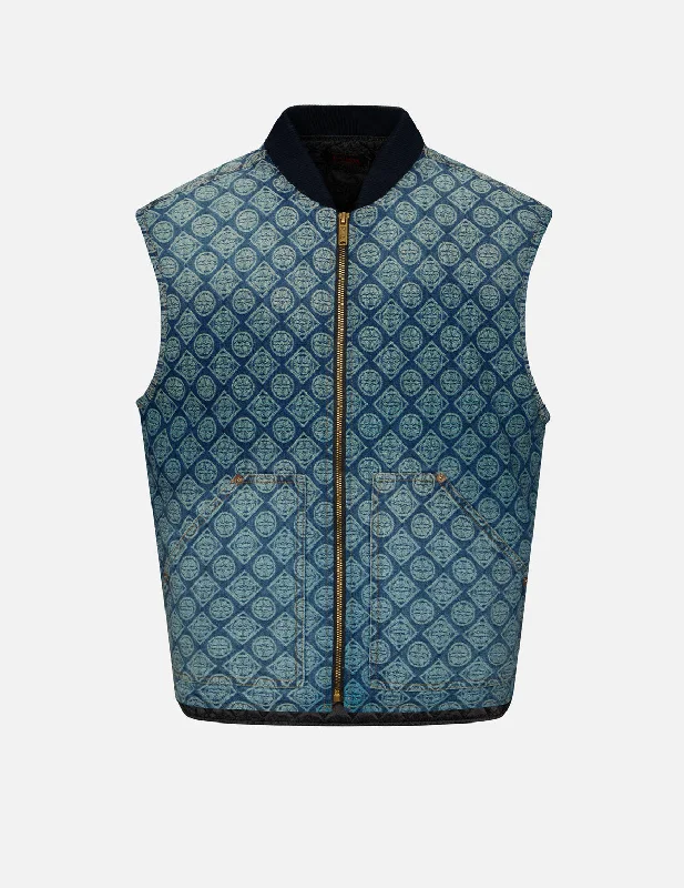Savings Galore Washed Kamon Jacquard Relax Fit Denim Padded Vest