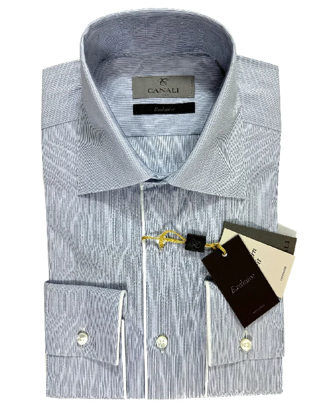 Weekend Deal Canali Dress Shirt Exclusive White Navy Blue Stripes - Modern Fit 39 - 15 1/2