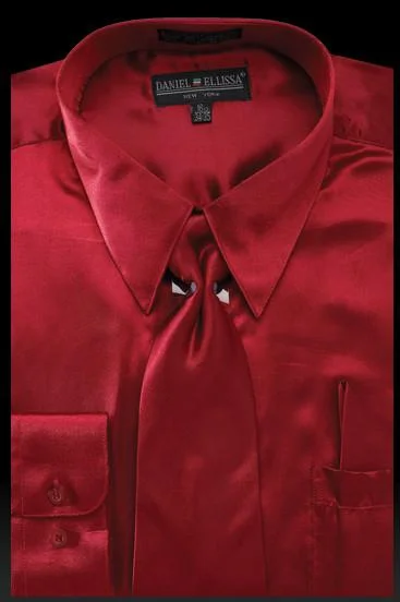Daily Special Men's Burgundy Satin Dress Shirt with Tie & Handkerchief