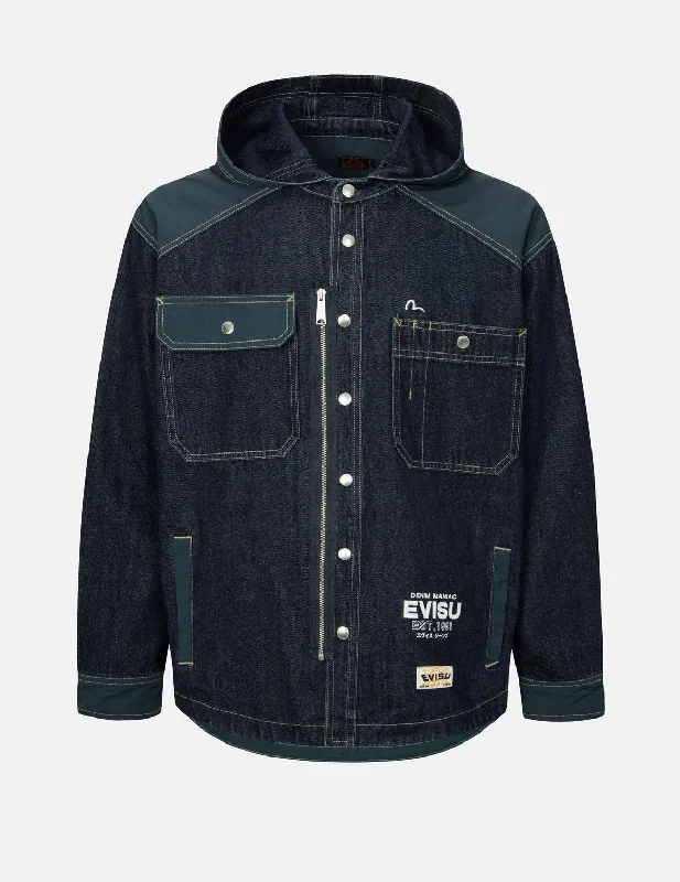Special Savings Logo Print Loose Fit Hooded Denim Shirt Jacket