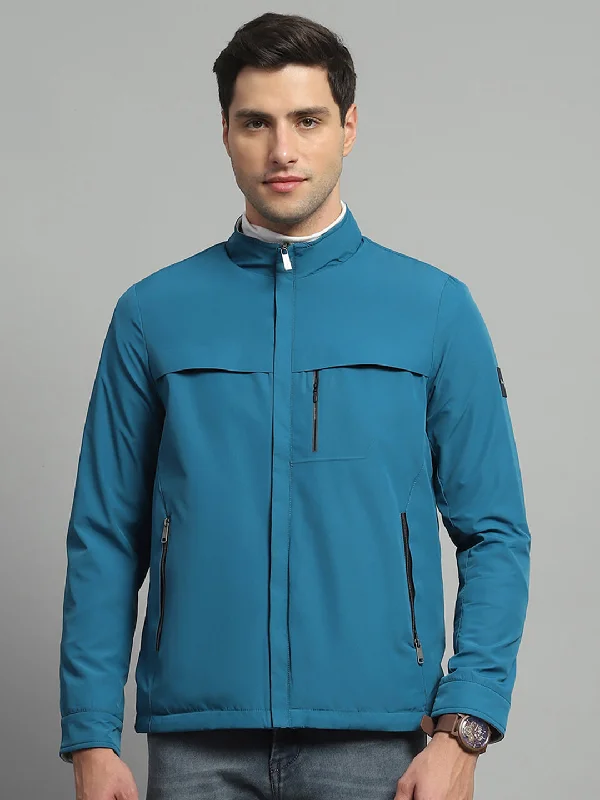 Last Chance Men Teal Blue Solid Mock Neck Full Sleeve Reversible Jacket