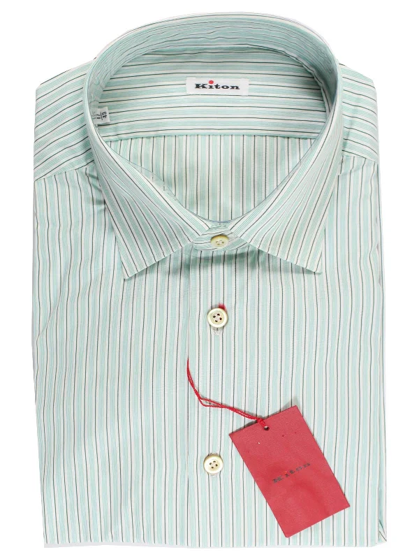 Today’s Deal Kiton Dress Shirt White Green Aqua Stripes Design 43 - 17 REDUCED - SALE