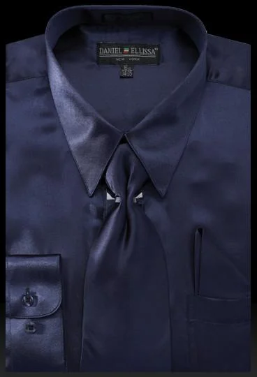 Crazy Savings Men's Navy Blue Satin Dress Shirt with Tie & Handkerchief