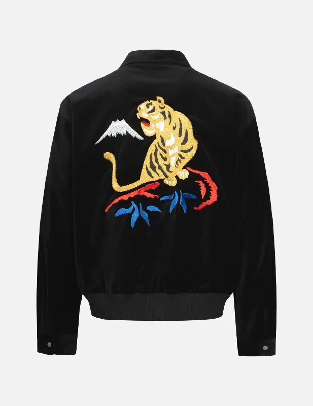 Great Bargain Tiger and Logo Embroidery Oversized Velvet Bomber Jacket