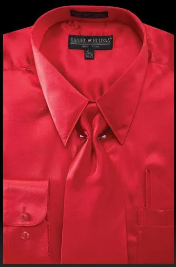 Early Bird Men's Red Satin Dress Shirt with Tie & Handkerchief