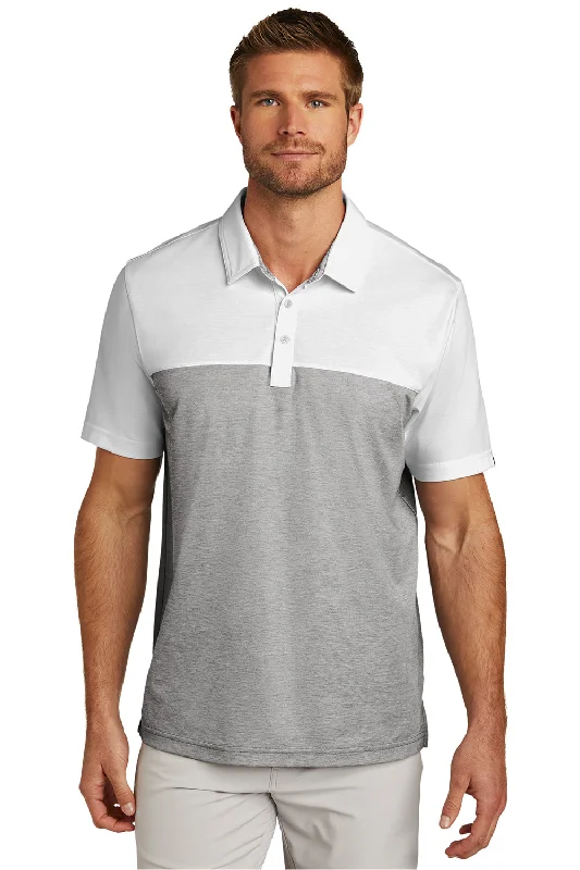 Limited Stock TravisMathew Mens Oceanside Blocked Moisture Wicking Short Sleeve Polo Shirt - White/Heather Quiet Shade Grey Limited Stock TravisMathew Mens Oceanside Blocked Moisture Wicking Short Sleeve Polo Shirt - White/Heather Quiet Shade Grey