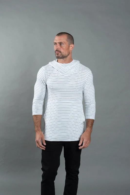 New Deals Men's 3/4 Sleeve Cowl Neck Visor Hoodie - White & Navy Thin Stripe