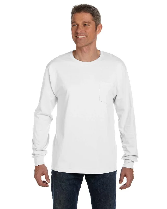 Steals and Deals Hanes Tagless Long Sleeve Pocket T-Shirt | White