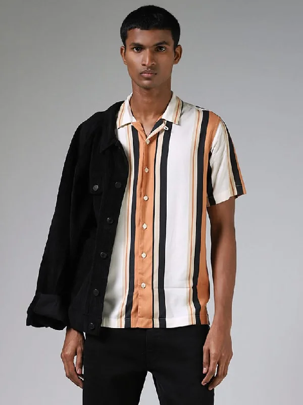 Amazing Deals Nuon Block Striped Brown and White Casual Shirt