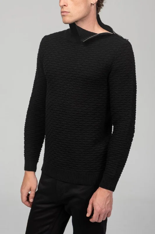 Major Savings Neck Zipper Honeycomb Sweater - Black