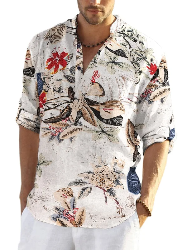 Hurry In Cotton Linen Floral Henley Shirt (US Only)