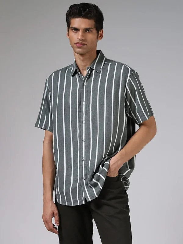 Bargain Prices Ascot Sage Green and White Striped Relaxed-Fit Blended Linen Shirt