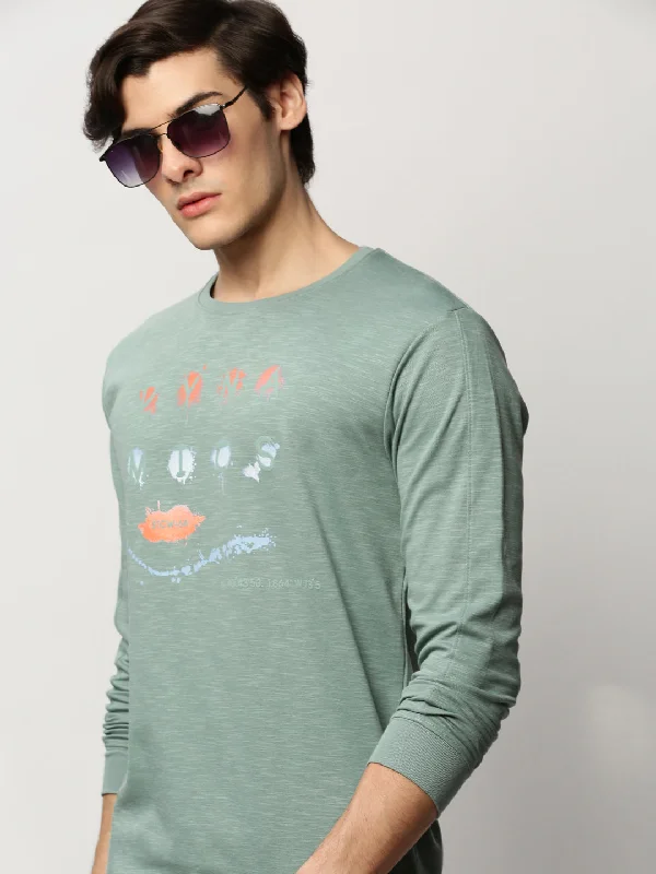 Act Fast Men Green Typographic Casual Sweatshirts