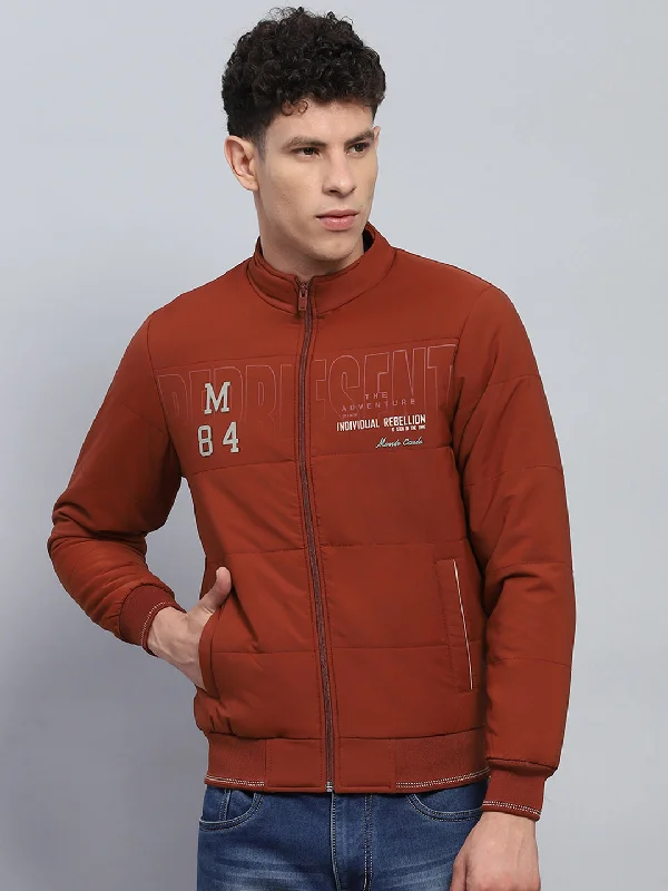 Clearance Sale Men Rust Printed Mock Neck Full Sleeve Jacket