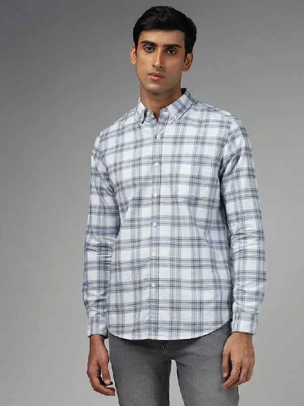 New Arrival WES Casuals Blue Plaid Checked Cotton Slim-Fit Shirt