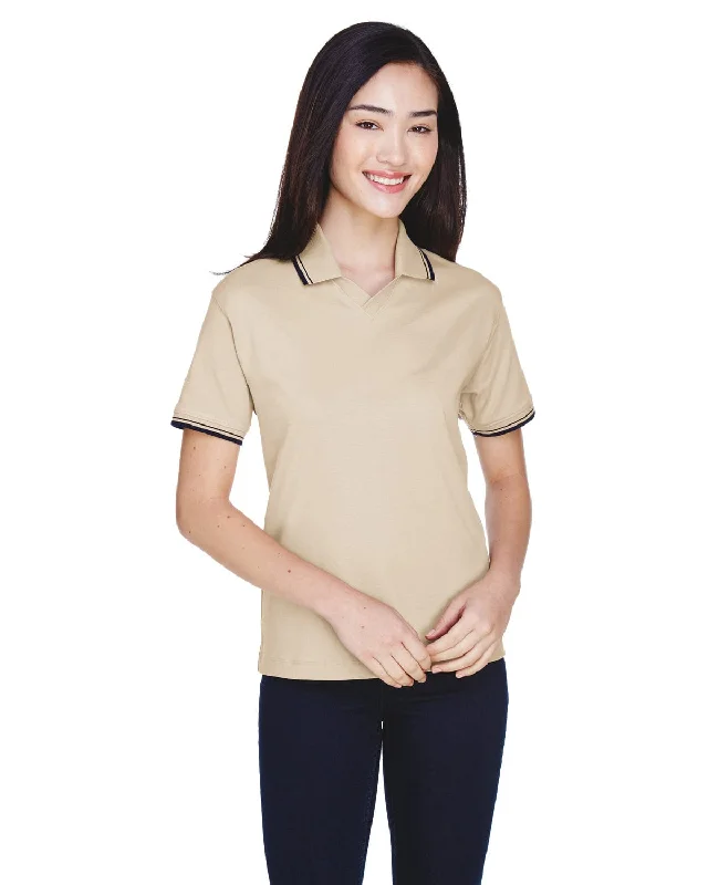 Super Savings Devon & Jones Ladies Tipped Perfect Pima Polo Shirt | Stone/ Navy