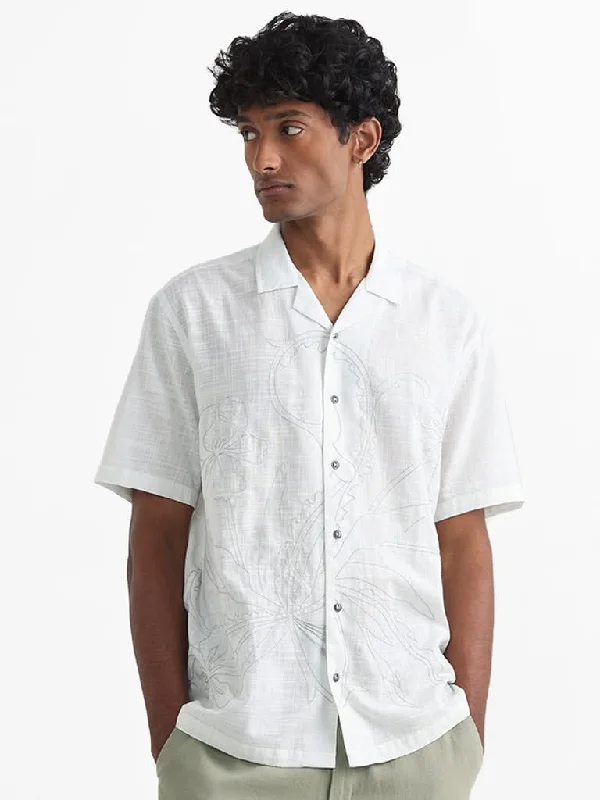 Price Fest ETA Off White Embroidered Floral Cotton Relaxed-Fit Shirt