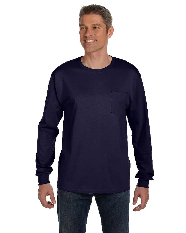 Shop and Save Hanes Tagless Long Sleeve Pocket T-Shirt | Navy