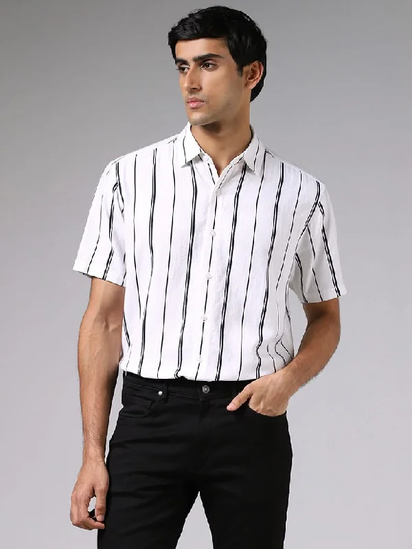 Referral Discount Ascot White Striped Relaxed-Fit Blended Linen Shirt