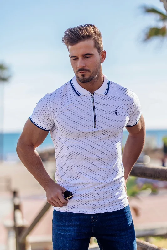 Final Clearance Father Sons Navy and White Printed Zip Polo Shirt - FSH381