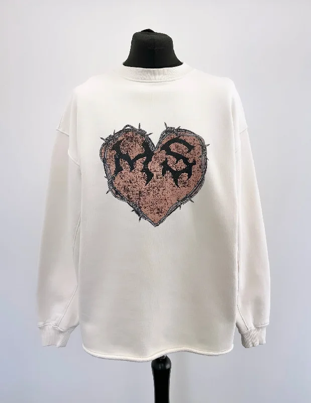 Overstock Sale Cream MS Heart Heavyweight Open Hem Sweatshirt.
