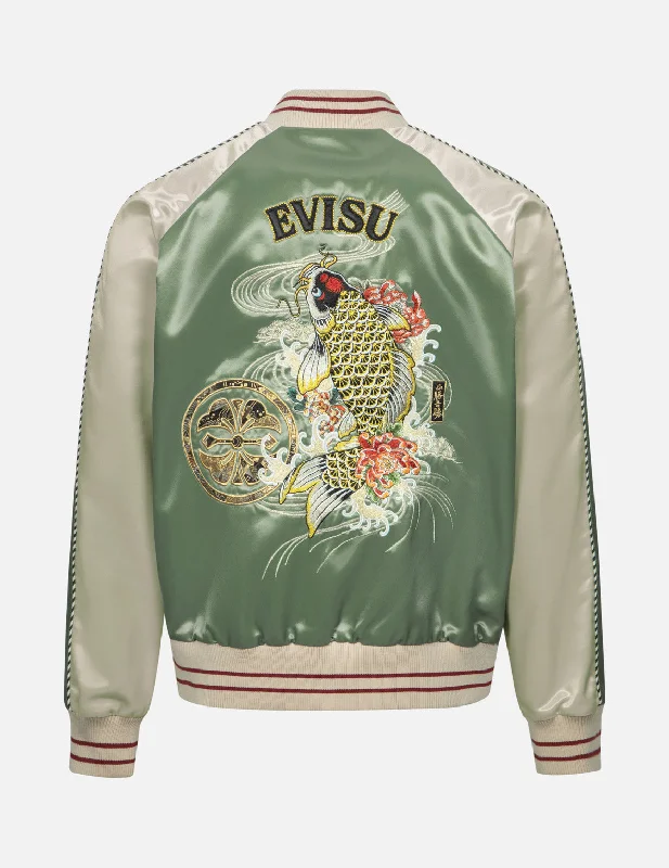Weekend Discounts You Deserve Kamon Brocade Appliqué and Carp Embrodiery Relax Fit Souvenir Jacket Weekend Discounts You Deserve Kamon Brocade Appliqué and Carp Embrodiery Relax Fit Souvenir Jacket