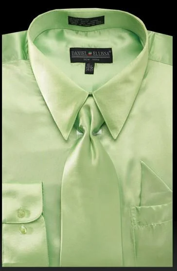Reduced Rates Men's Apple Green Satin Dress Shirt with Tie & Handkerchief