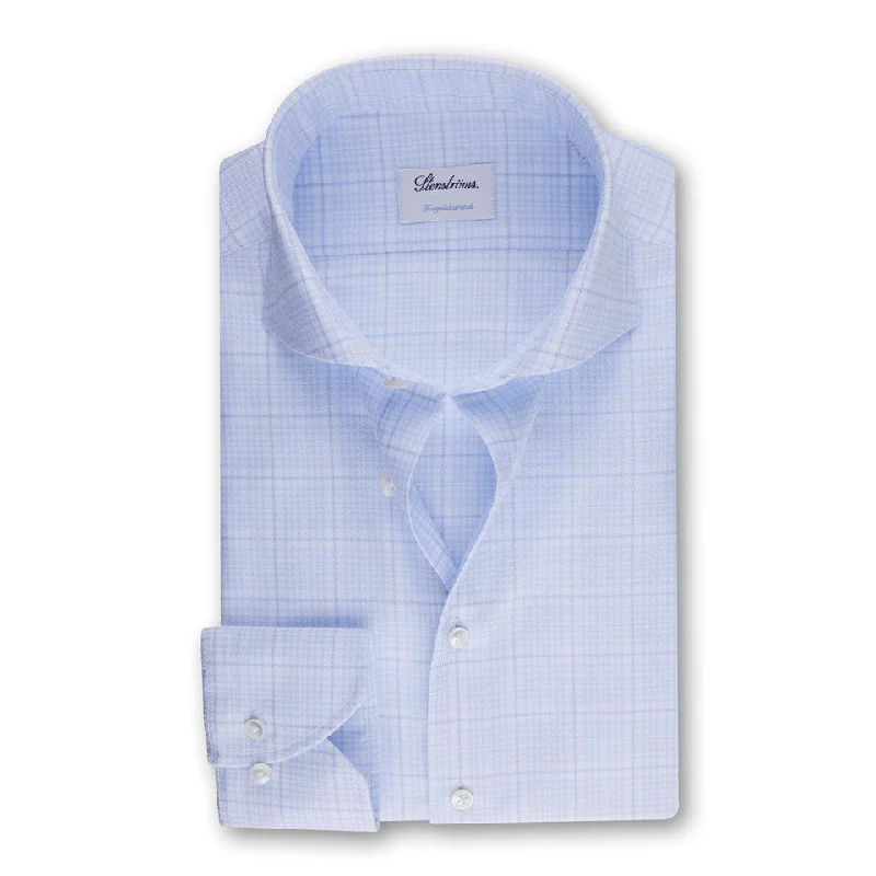 Huge Savings Light Blue Checked Stretch Twill Slimline Shirt - Stenströms