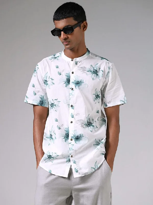 Discount Days ETA Off White Floral Print Cotton Resort-Fit Shirt