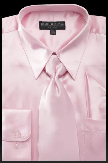 One-Day Only Men's Pink Satin Dress Shirt with Tie & Handkerchief