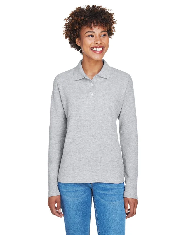 Low Price Devon & Jones Ladies Long Sleeve Polo Shirt | Grey Heather