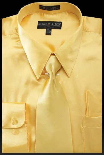 Today Only Men's Light Gold Satin Dress Shirt with Tie & Handkerchief - Outlet