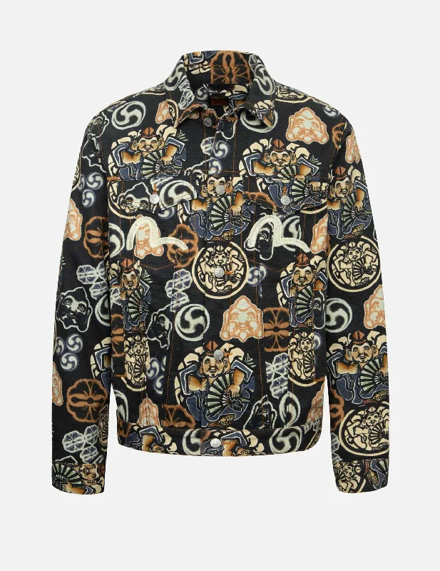 Best Bargains Allover Godhead and Kamon Print Regular Fit Jacket