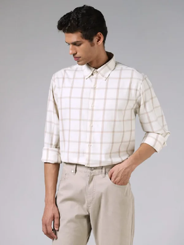Bonus Savings Ascot Off White and Stone Checkered Cotton Relaxed-Fit Shirt