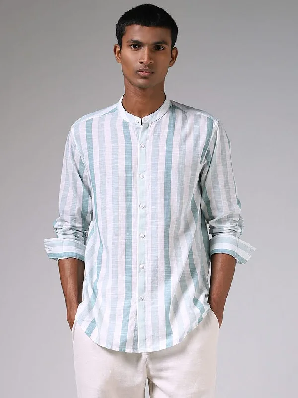 Big Discounts ETA Teal Striped Printed Cotton Resort-Fit Shirt