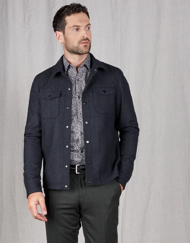 Limited Time Offer Makara Patch Pocket Navy Herringbone Overshirt