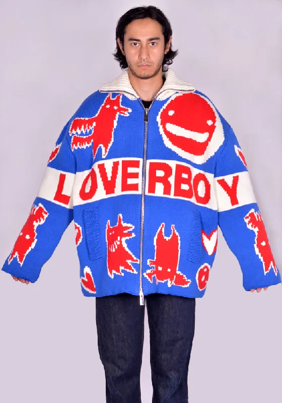 Final Clearance CHARLES JEFFREY LOVERBOY 042010601 KNITTED PUFFER JACKET UNISEX BLUE/RED (New season FW24)