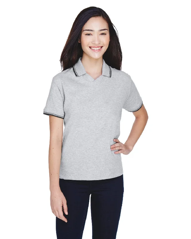 Top Pick Devon & Jones Ladies Tipped Perfect Pima Polo Shirt | Gry Heather/ Nvy