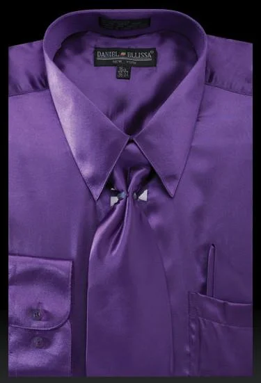 Special Offer Men's Purple Satin Dress Shirt with Tie & Handkerchief