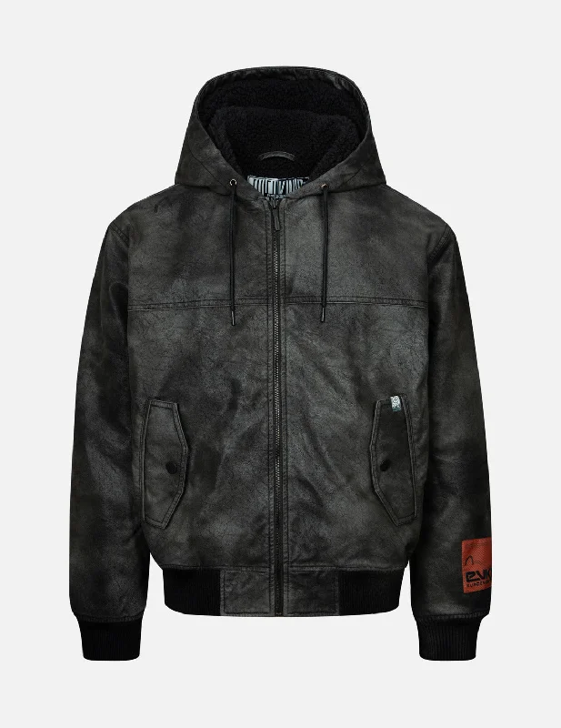 Discount Deals Hooded Grain Pattern Regular Fit Leather Bomber Jacket