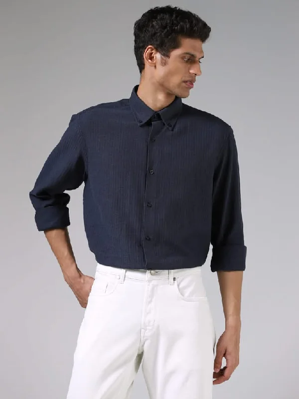 Deal Mania Ascot Mid Blue Textured Cotton Relaxed-Fit Shirt